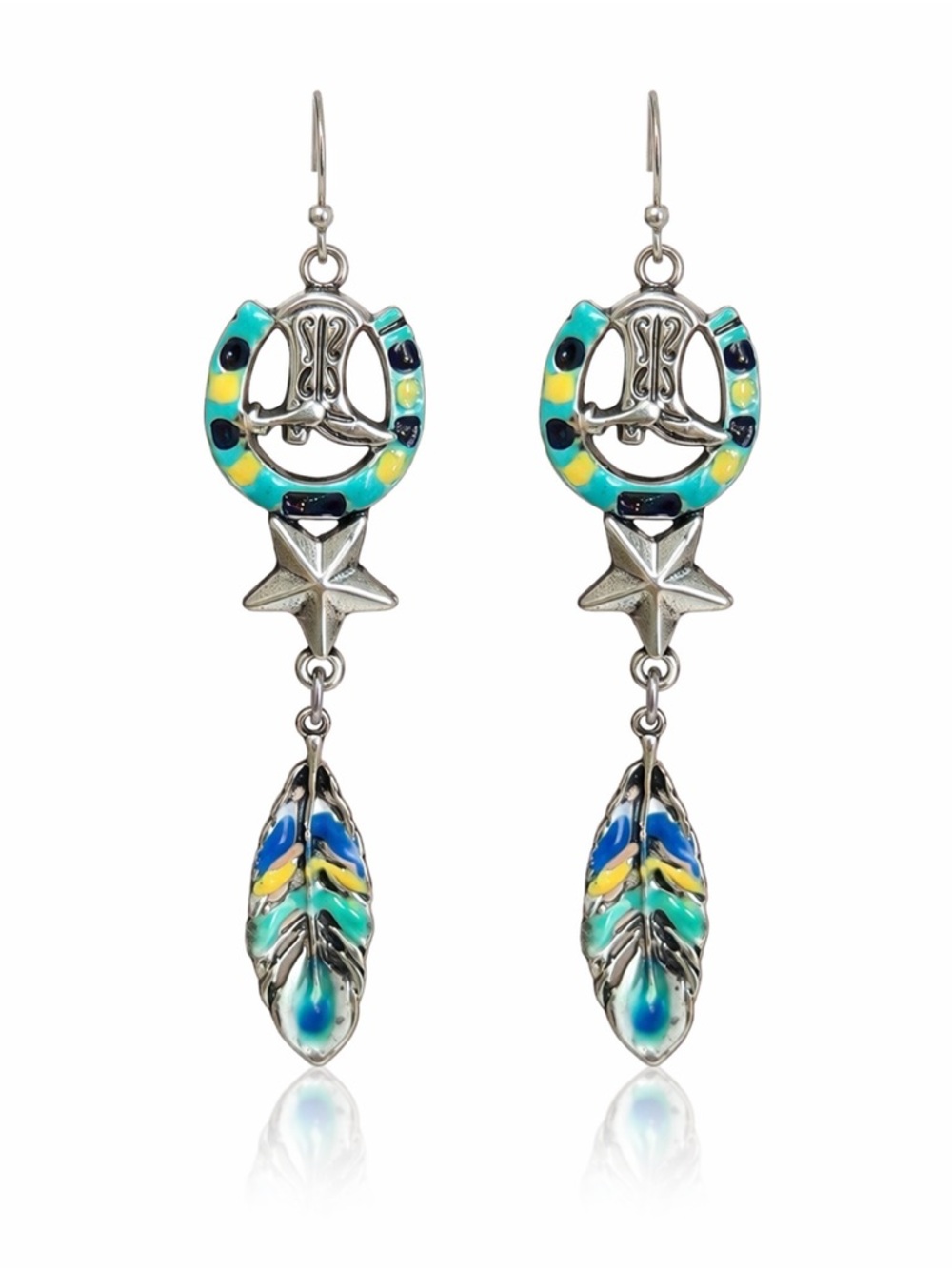 Western SilverTurquoise Feather Drop Earrings
